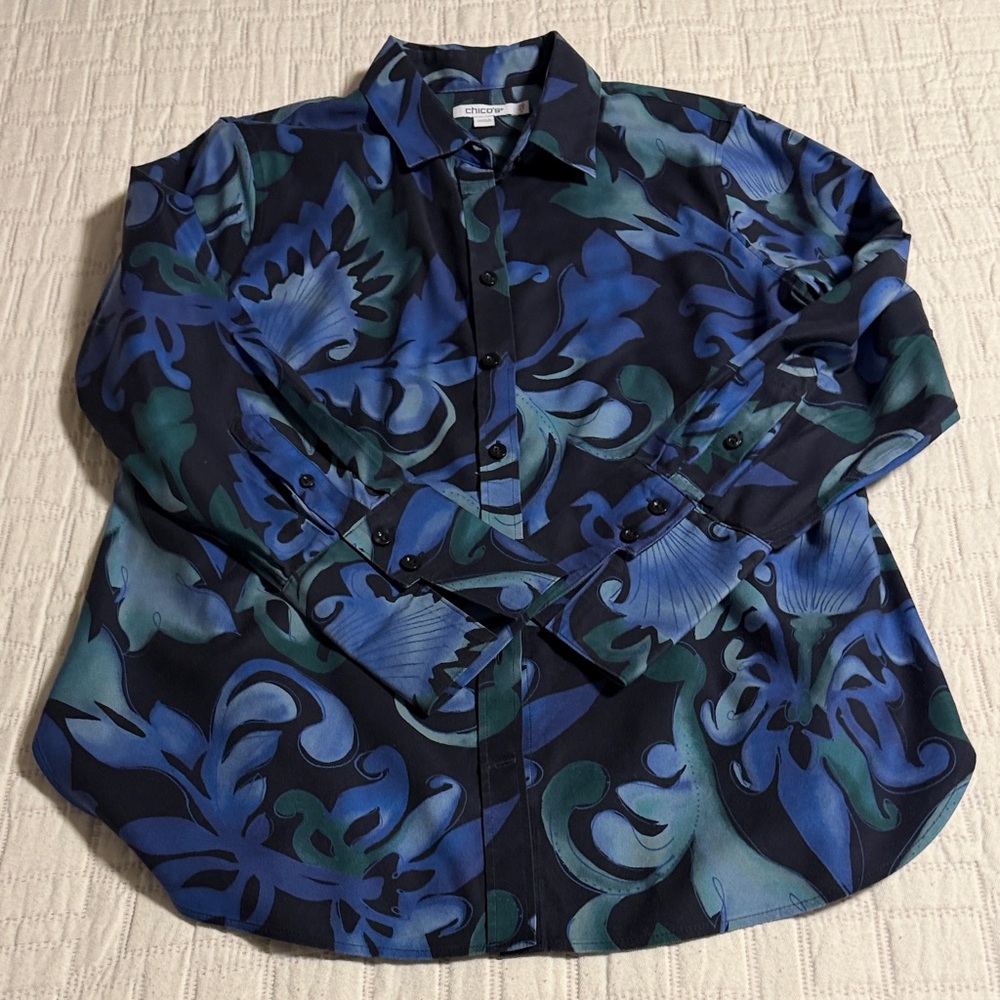 Chico's Black, Blue & Teal Floral Button-Down Shirt